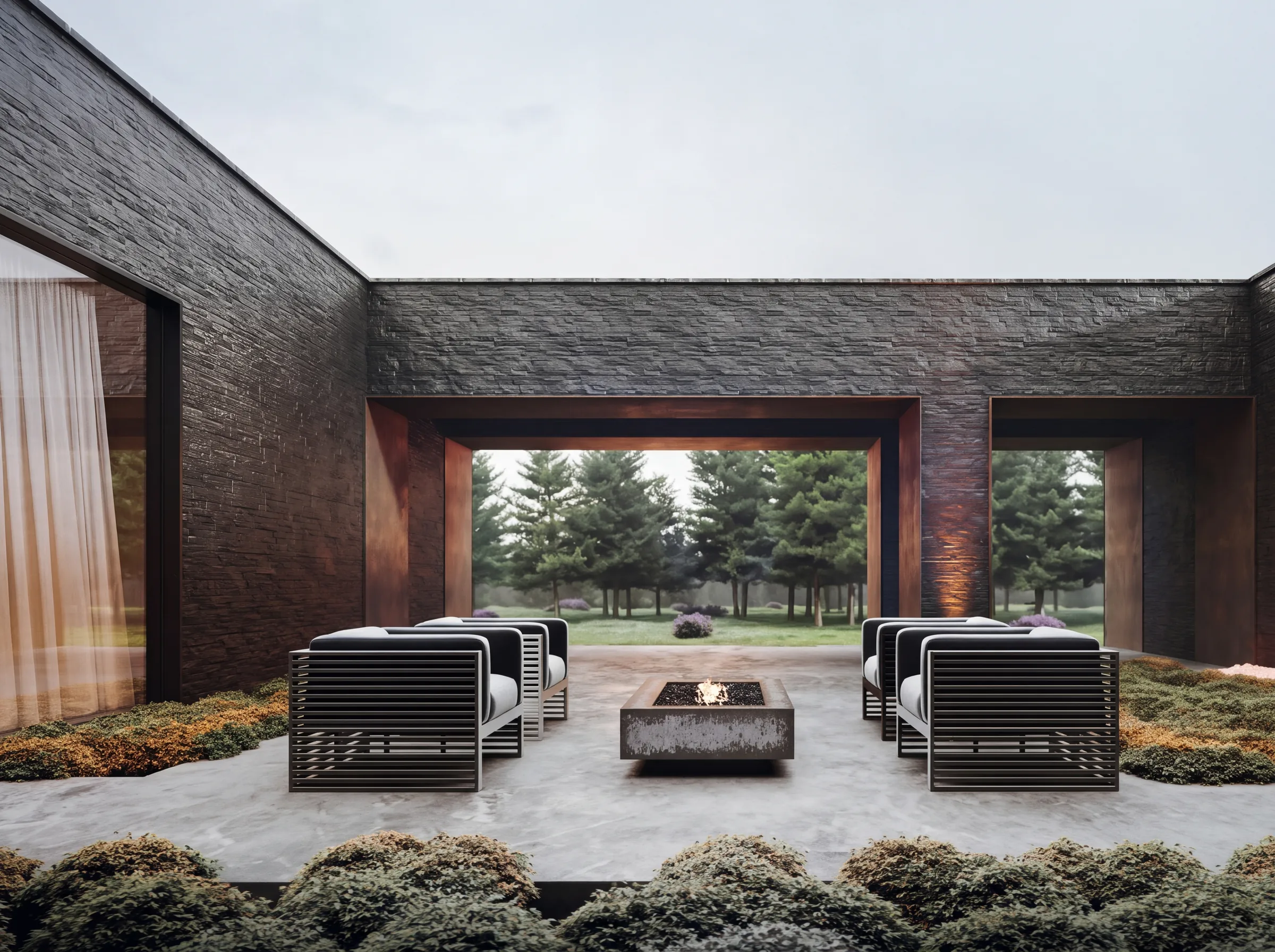 Visualización de un patio con Piedra en tiras, generada con IA a partir de un ambiente del catálogo